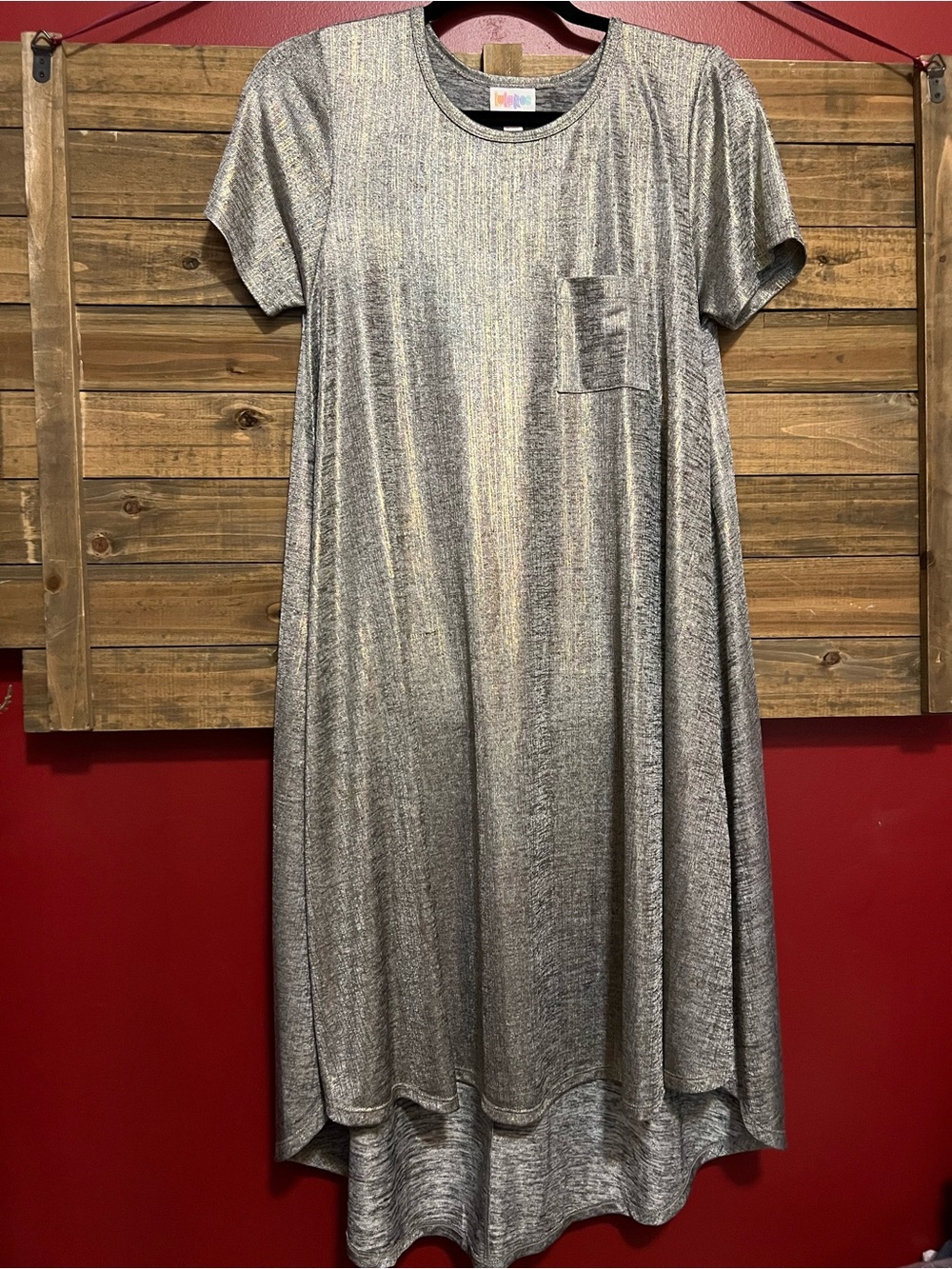 LuLaRoe Carly, Metallic Silver Short Sleeve Swing Dress with Pocket, XS